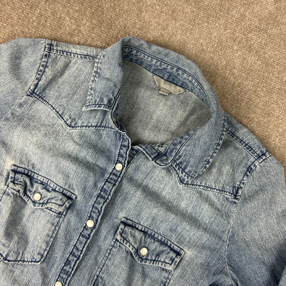 Rubbish Western Denim Shirt Womens Medium Blue Cotton Pockets Pearl Snap Front